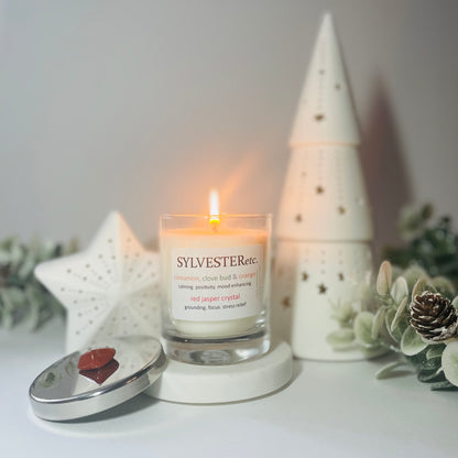 Cinnamon, Clove Bud & Orange Red Jasper Crystal Festive Candle
